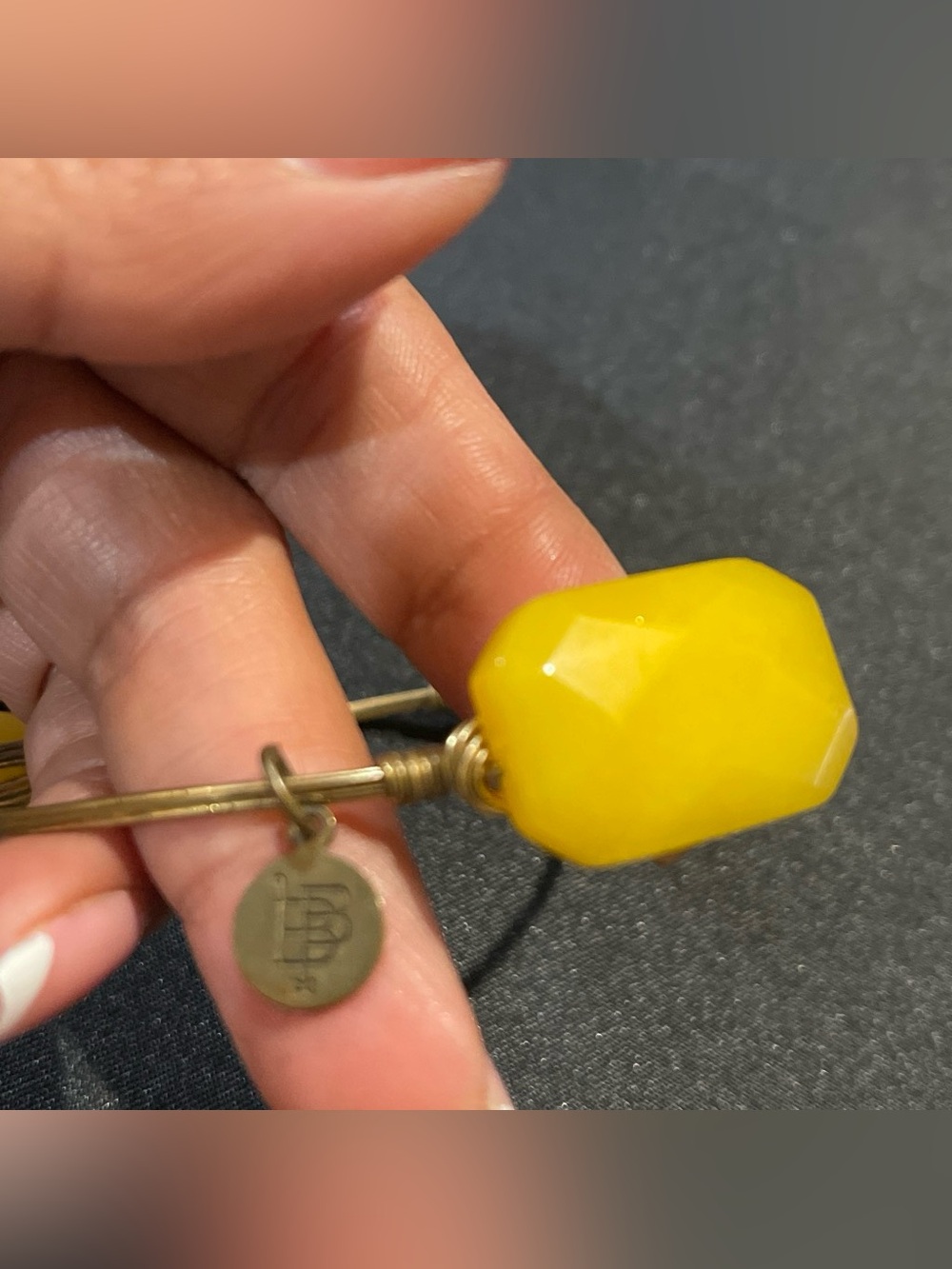 Yellow Faceted Stone Bangle Bracelet with Brass Wire Accent